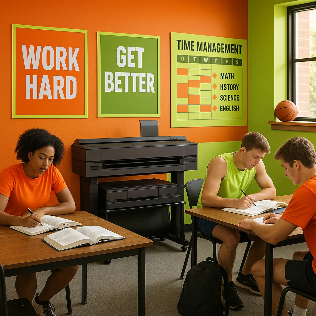 A dynamic sports-themed study hall large motivational posters on walls. Show student athletes studying at tables time management schedules and subject-specific study guides visible as wall