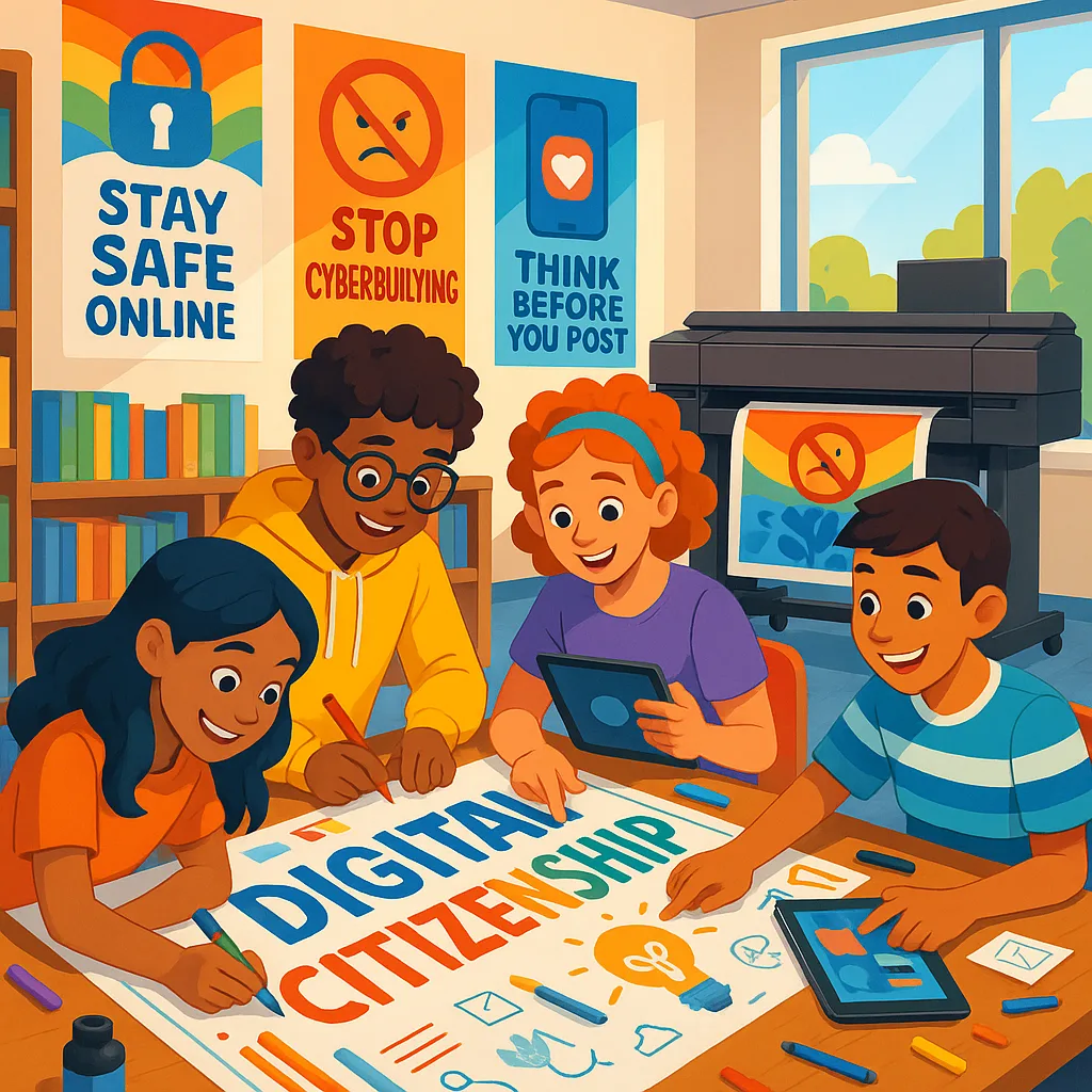 A vibrant, dynamic illustration diverse middle school students (ages 11-14) collaborating around a large poster design table in a school library. The students are actively engaged in creating Student designing digital citizenship poster