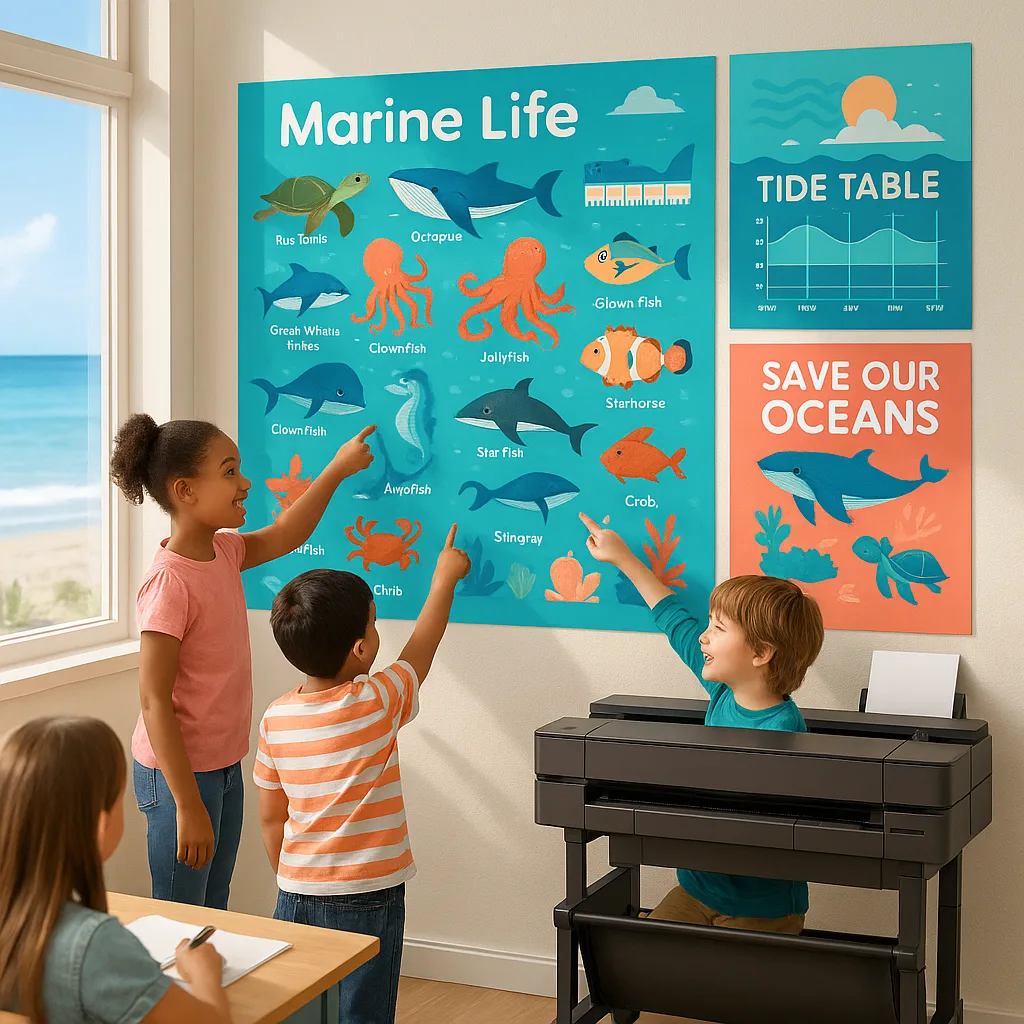 A vibrant, wide-format educational poster display in a coastal classroom colorful marine life identification charts, tide tables, and ocean conservation messages. Include diverse students pointing A close-up view of hands operating a poster printer machine creating a marine species identification guide. The poster being printed shows local Atlantic coast fish species colors and clear labels