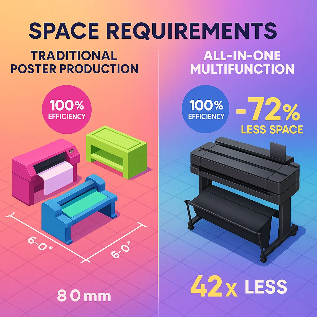 Design a infographic-style comparison image space requirements for traditional poster production setup versus an all-in-one multifunction system. Left side shows multiple separate devices