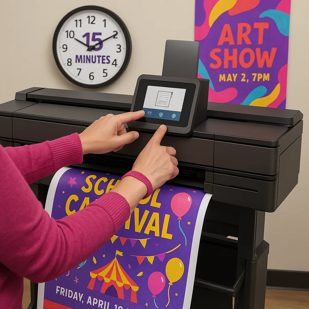 Close-up action shot of parent volunteer hands operating a poster printer control panel, the screen simple, user-friendly interface. In the background, show colorful event posters being printed Close-up action shot of parent volunteer hands operating a poster printer control panel, the screen simple, user-friendly interface. In the background, show colorful event posters being printed