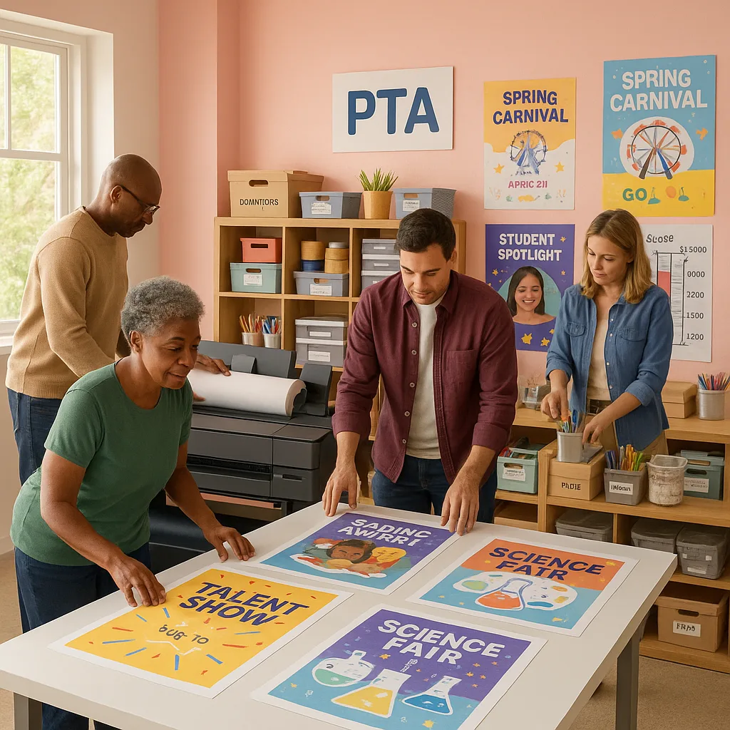Wide-angle view of a bright, organized PTA workroom warm pink and lavender accents. Show 3-4 diverse parent volunteers (different ages, ethnicities, genders) actively working around a large format