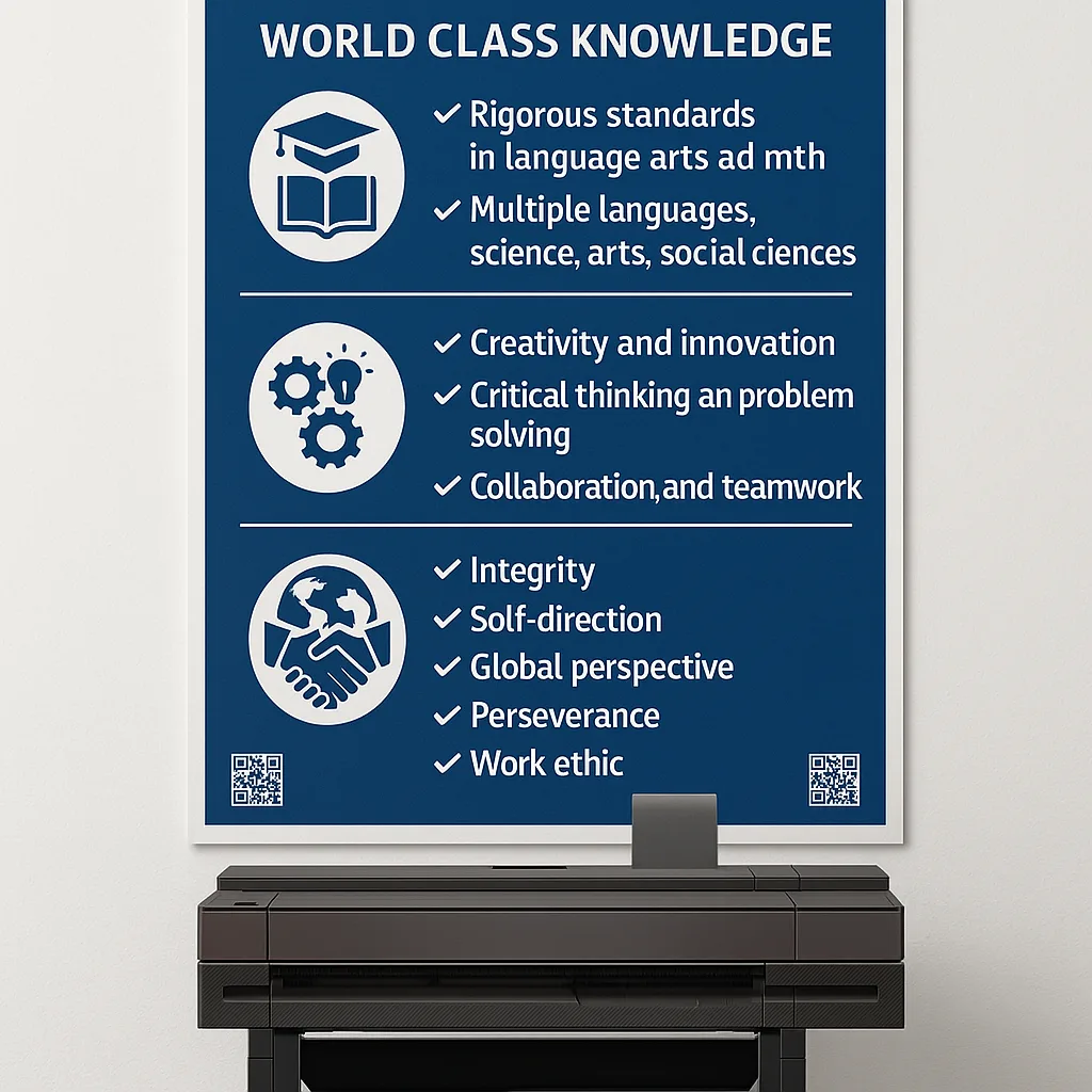 Design a close-up view of a professionally printed 36-inch wide poster the “Profile of the South Carolina Graduate” framework. The poster should feature three main sections icons: World Class Design a close-up view of a professionally printed 36-inch wide poster the "Profile of the South Carolina Graduate" framework. The poster should feature three main sections icons: World Class