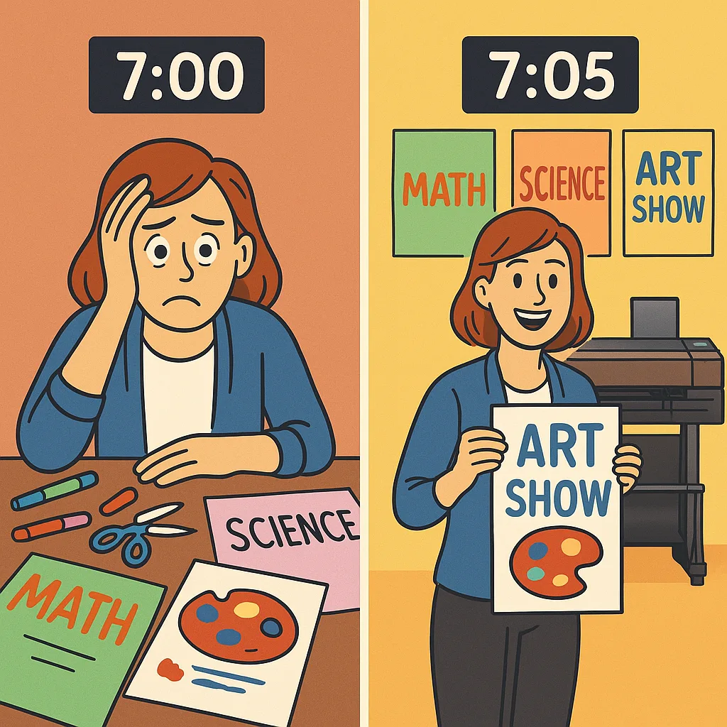 Design a split-screen comparison image. Left side shows a stressed teacher at 7 AM surrounded by scissors, markers, and half-finished hand-made posters, looking overwhelmed. Right side shows the