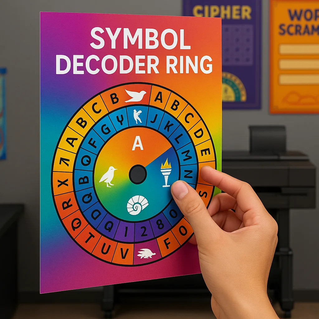 Close-up view of a literary escape room poster station a "Symbol Decoder Ring" design. The poster shows a large circular wheel inner and outer rings that can rotate. Literary symbols (mockingbird,