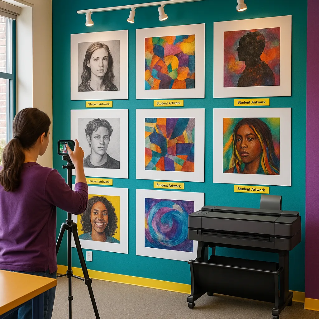 A vibrant, wide-angle photograph of a art classroom portfolio wall diverse student artwork displayed in large-format prints. The wall shows various artistic styles portraits, abstract pieces, and