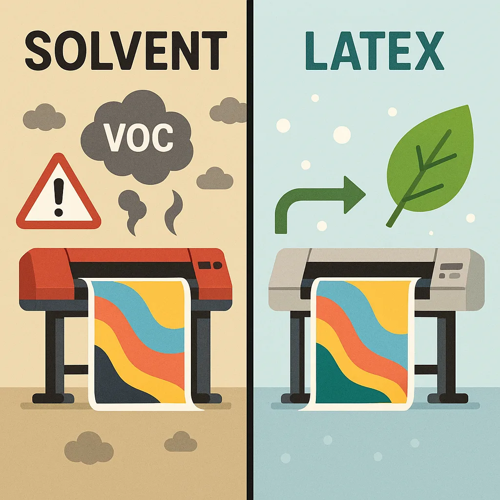 Split-screen comparison traditional solvent printing process visible fumes and warning labels on the left side, versus latex printing water-based inks and a green leaf symbol on the right side.