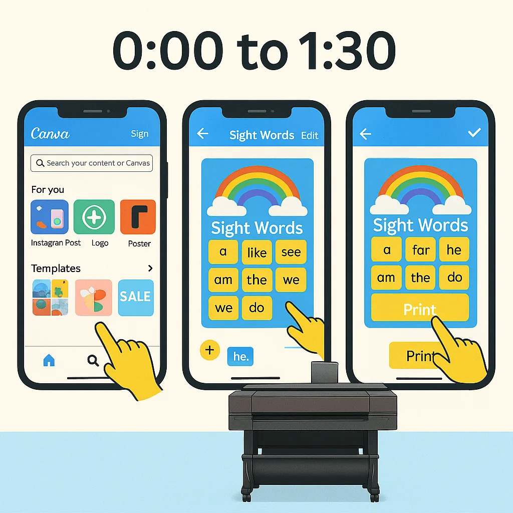 A step-by-step visual guide three smartphone screens side by side displaying the Canva app. Screen 1 shows browsing templates, Screen 2 shows customizing a sight words poster drag-and-drop