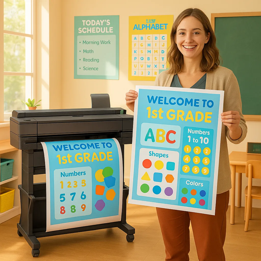 A bright, cheerful classroom scene a young female teacher (representing Harper) standing next to a poster printing machine, holding a freshly printed colorful educational poster. She's smiling and