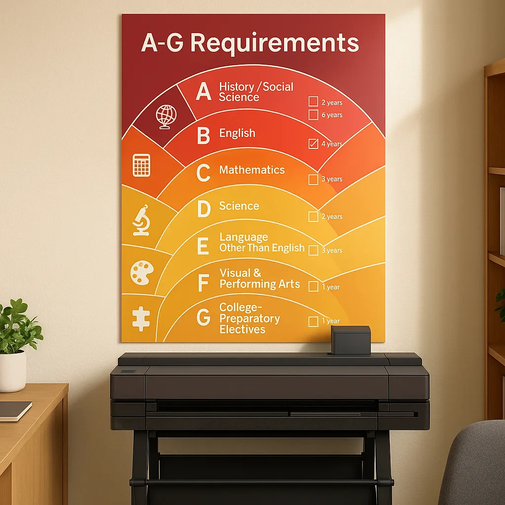 Design a A-G requirements poster layout seven colored sections arranged in a semi-circular rainbow pattern. Each section should represent one subject area (A through G) distinct colors starting