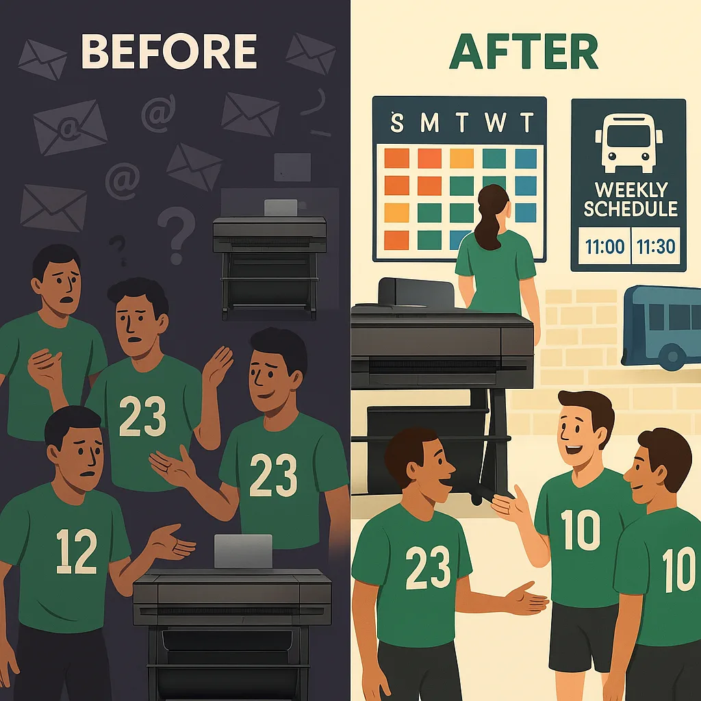 Design a split-screen comparison image "Before" (left side) cluttered emails, confused athletes, and missed buses versus "After" (right side) organized wall displays, clear visual schedules, and