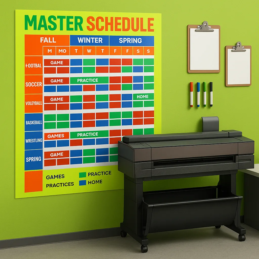 A dynamic sports-themed image an athletic director's office wall a large, colorful master schedule poster displaying multiple sports seasons. Include visual elements like team colors (red for