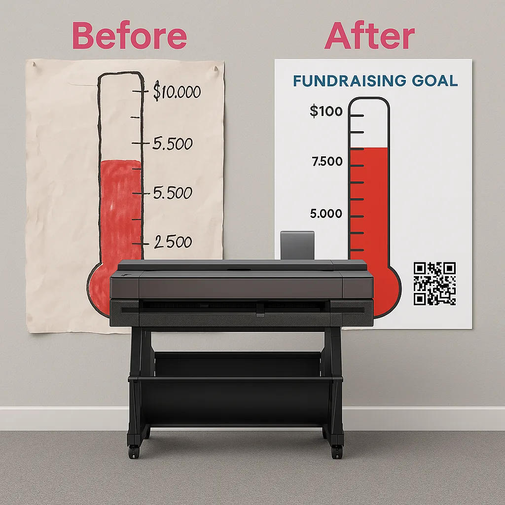 A close-up comparison image two fundraising displays side by side. Left side shows a weathered, hand-drawn paper thermometer smudged marker updates and torn edges. Right side shows a pristine, A close-up comparison image two fundraising displays side by side. Left side shows a weathered, hand-drawn paper thermometer smudged marker updates and torn edges. Right side shows a pristine,