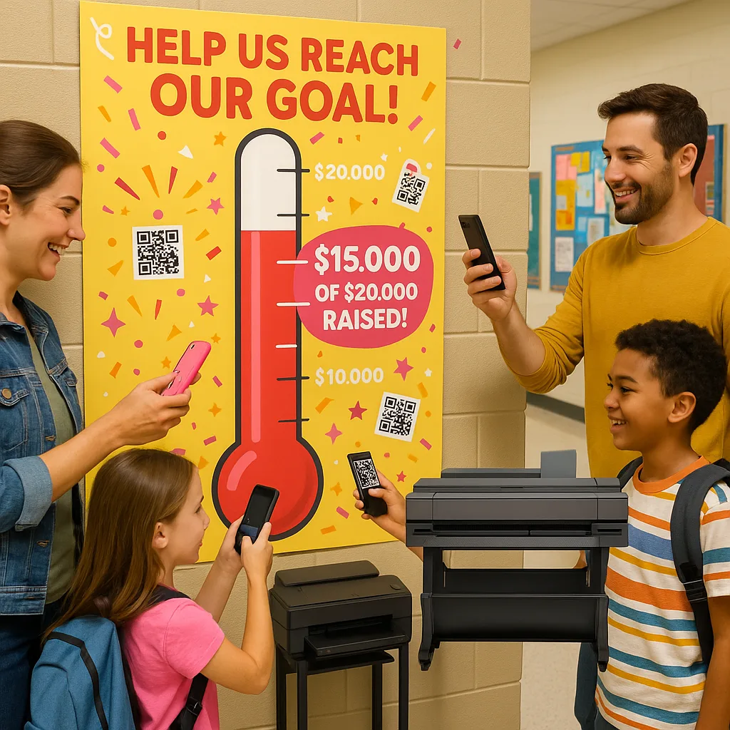 A vibrant, eye-catching fundraising thermometer poster display in a school hallway. The thermometer is large (4 feet tall), red fill 75% progress toward a $20,000 goal. Multiple QR codes are Hybrid fundraising thermometer display