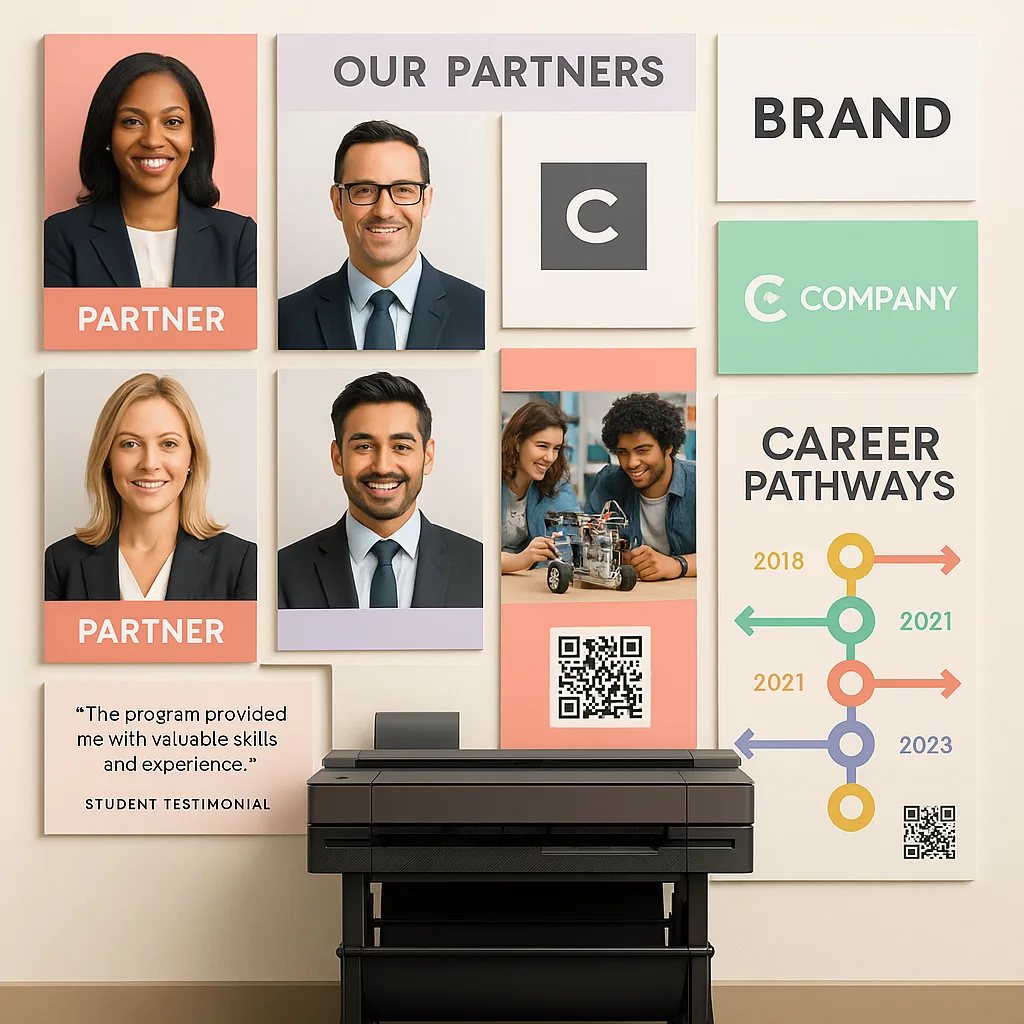 Design a close-up view of a well-organized partnership display wall a grid layout of headshots, business logos, student project photos, and colorful infographics about career paths. Include QR