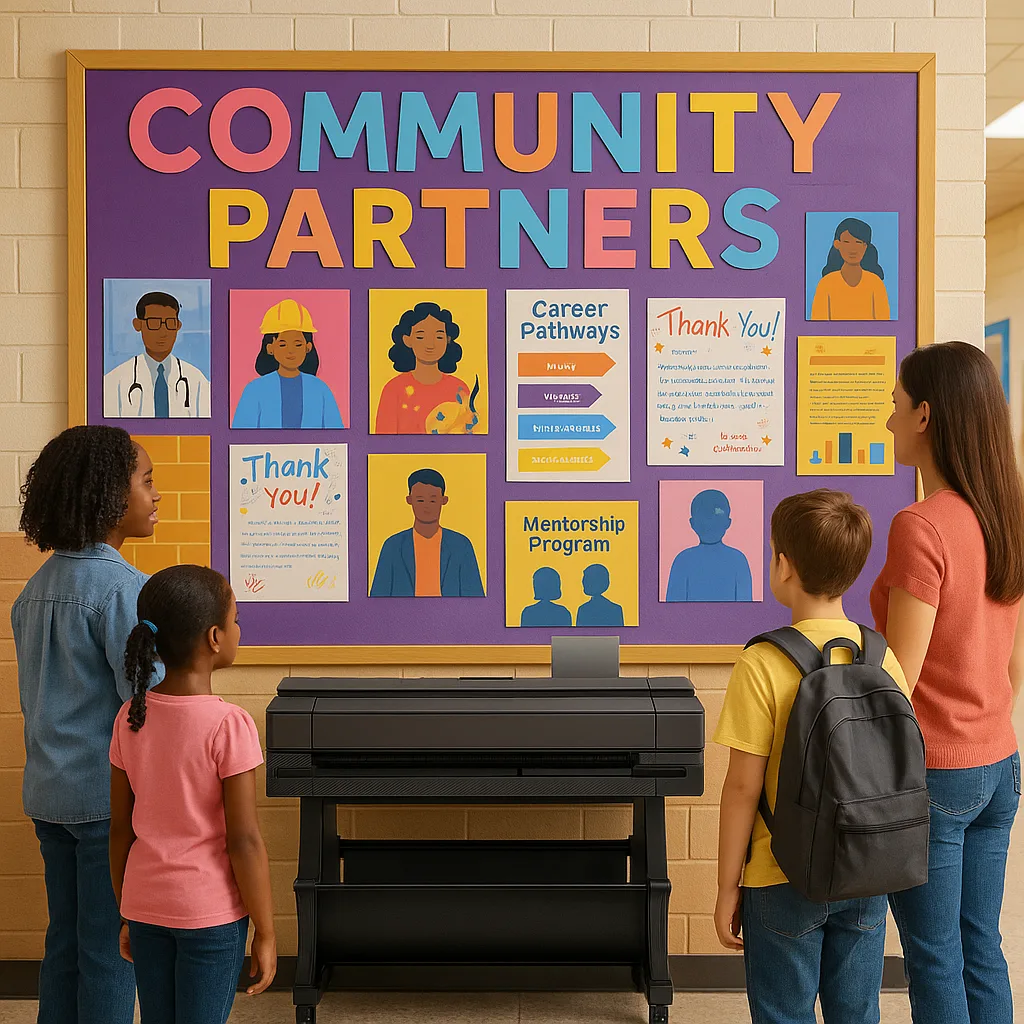 A vibrant, welcoming school hallway display a large "Community Partners" wall colorful posters local business professionals, student thank-you letters, career pathway graphics, and mentorship