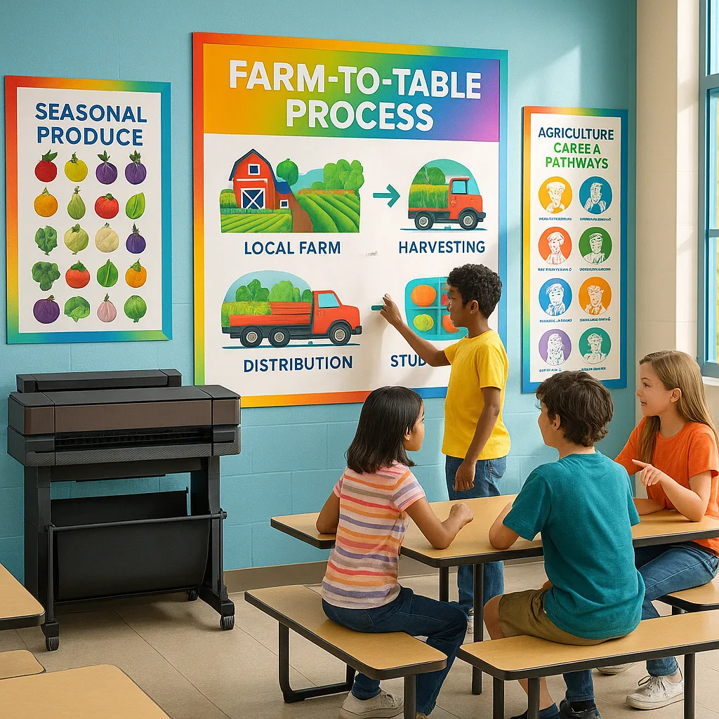 A vibrant, photorealistic illustration a school cafeteria large agricultural education posters on the walls. Include a prominent farm-to-table process chart the journey of vegetables from a local