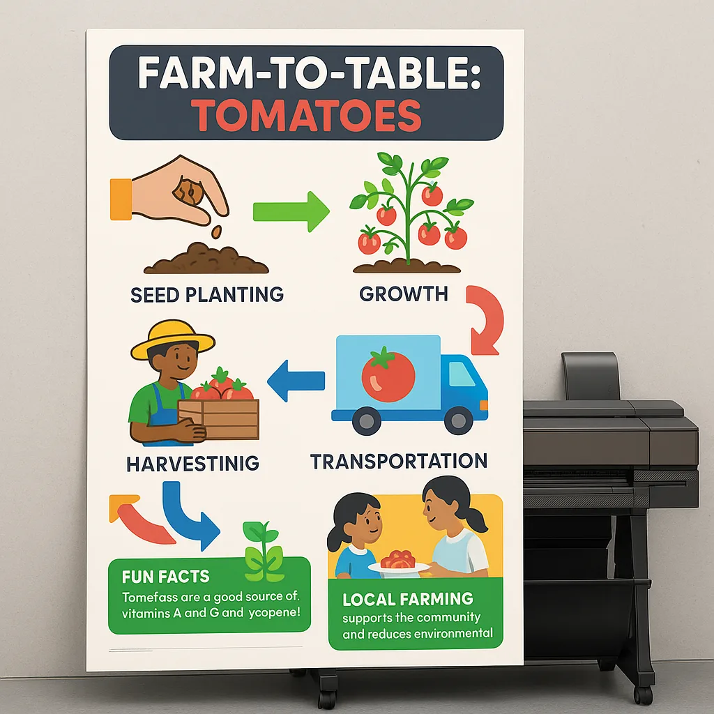 Design a infographic-style poster the complete farm-to-table process for tomatoes. Start seed planting, show growth stages, harvesting by farmers, transportation, processing, and finally serving Design a infographic-style poster the complete farm-to-table process for tomatoes. Start seed planting, show growth stages, harvesting by farmers, transportation, processing, and finally serving