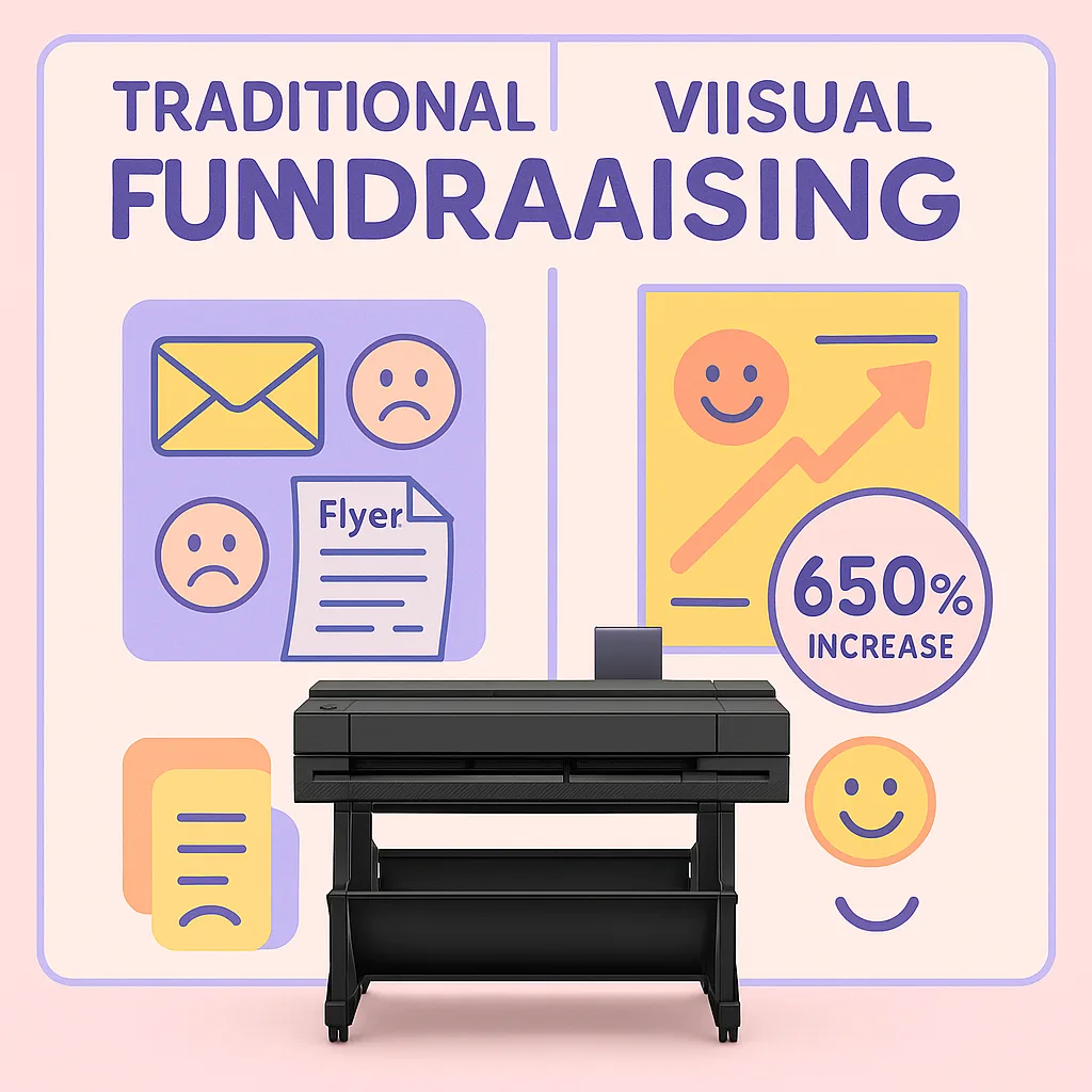 Design a bright, engaging infographic comparing traditional vs. visual fundraising methods. Left side shows dull, ignored emails and crumpled flyers muted colors and sad faces. Right side displays