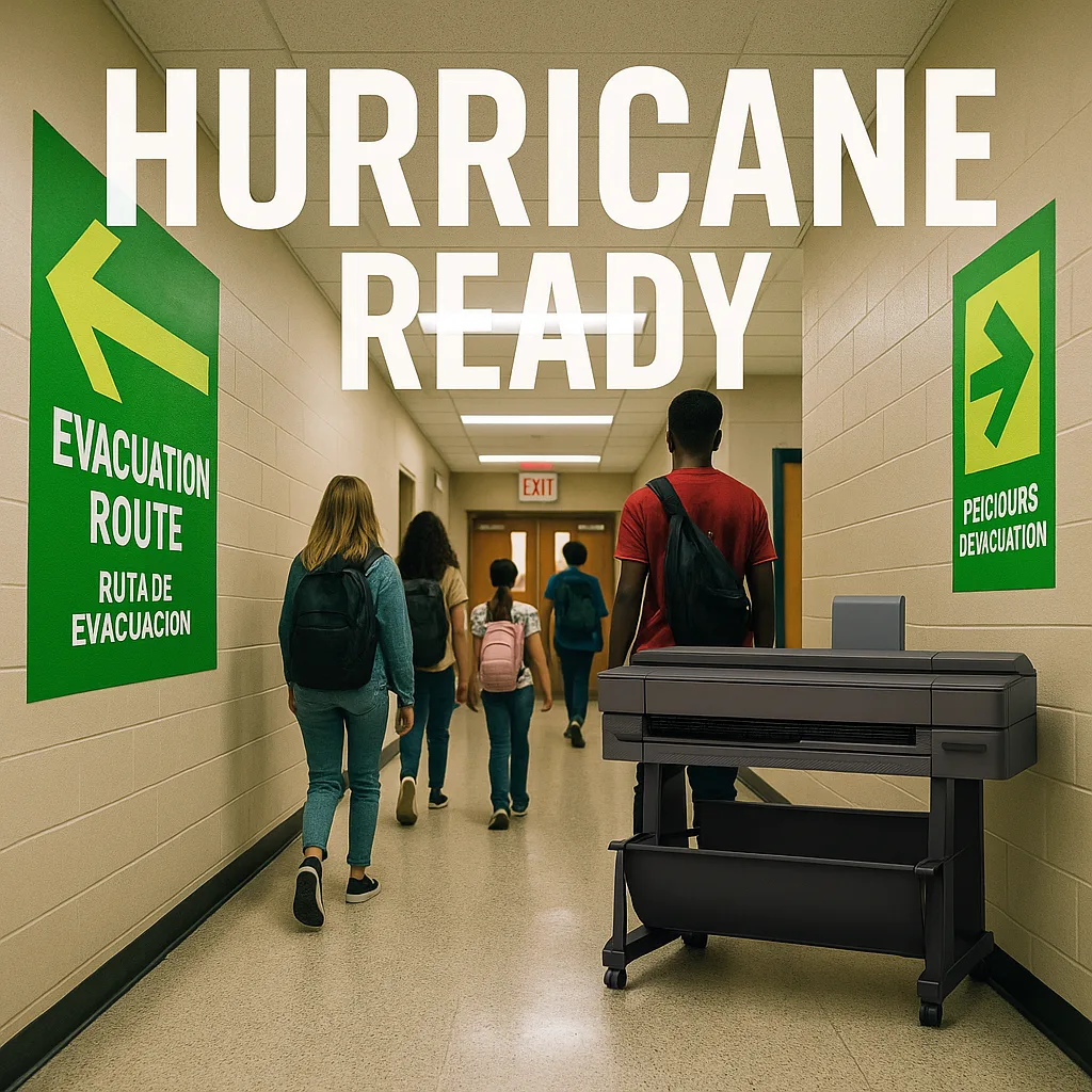 Close-up photograph of weather-resistant vinyl emergency posters mounted on an exterior school wall during heavy rain, water beading off the surface while text remains perfectly legible.