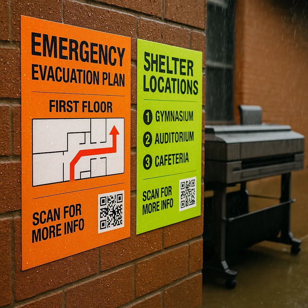 Close-up photograph of weather-resistant vinyl emergency posters mounted on an exterior school wall during heavy rain, water beading off the surface while text remains perfectly legible.