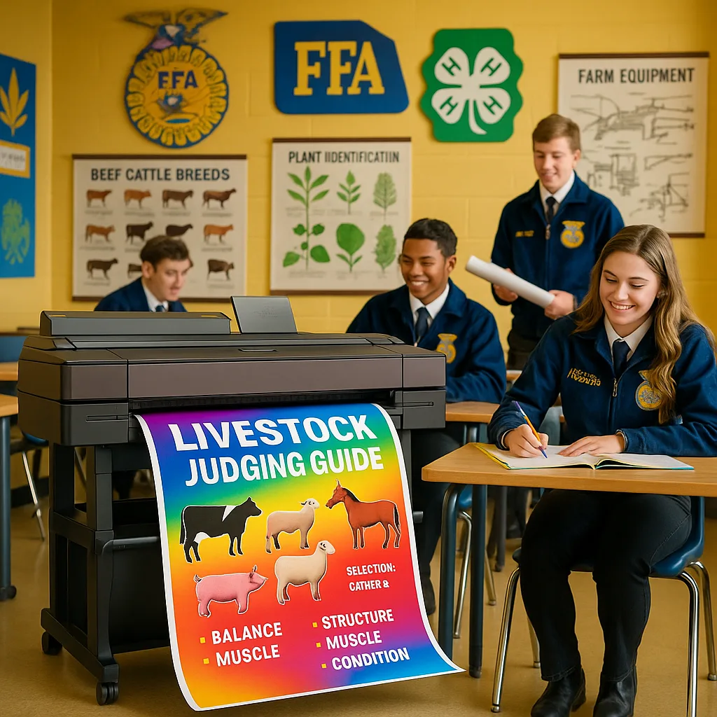 A bright, energetic image an agricultural education classroom students working on FFA projects. In the foreground, show a poster printer producing a livestock judging guide. Include visual