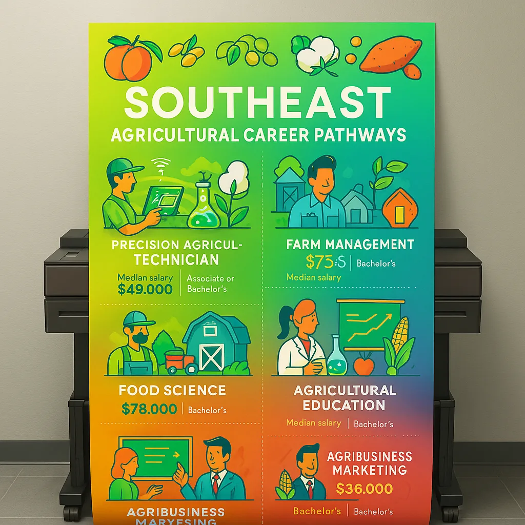 Design a colorful infographic-style poster “Southeast Agricultural Career Pathways” bright, engaging visuals. Include icons and illustrations for: precision agriculture technician, agricultural Design a colorful infographic-style poster "Southeast Agricultural Career Pathways" bright, engaging visuals. Include icons and illustrations for: precision agriculture technician, agricultural