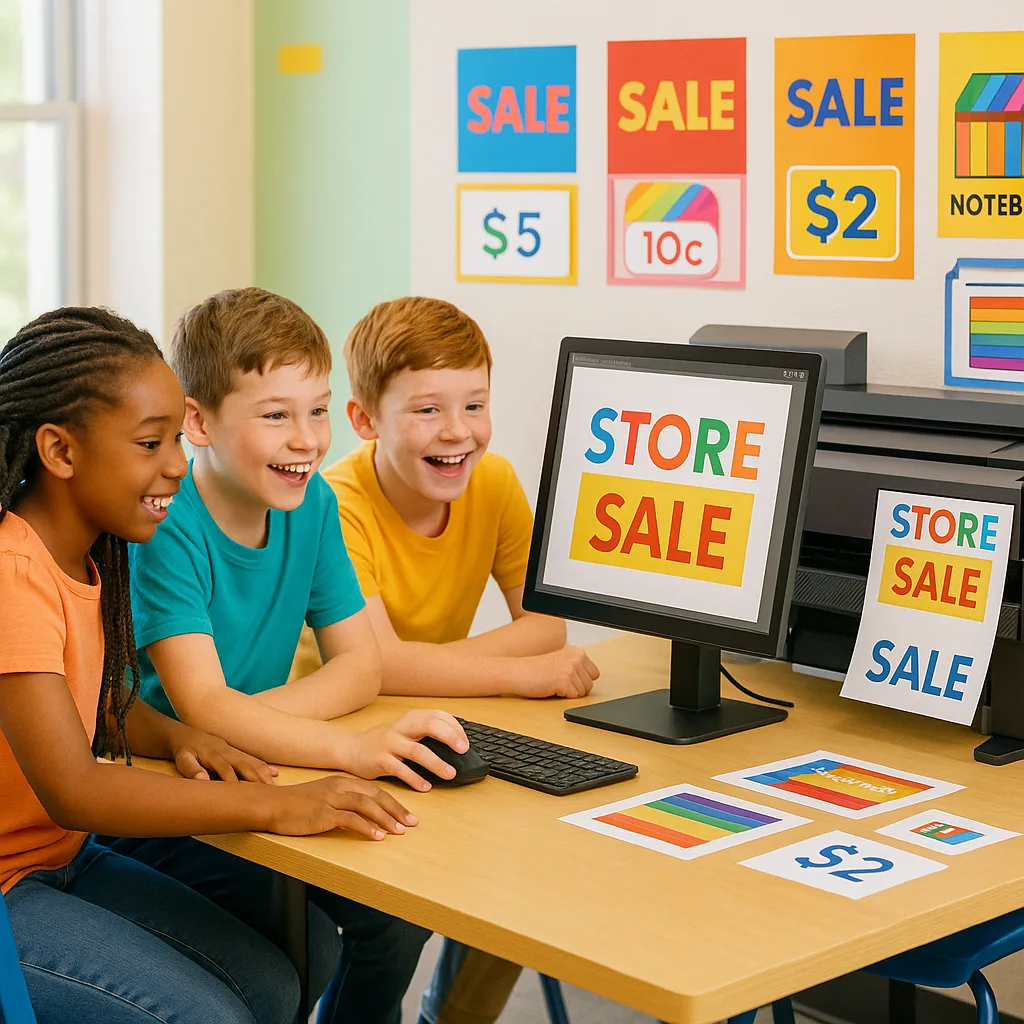 Close-up shot of elementary students (ages 8-11, diverse group) designing store signage on a computer screen, printed examples of their work displayed nearby. Show excitement and engagement on