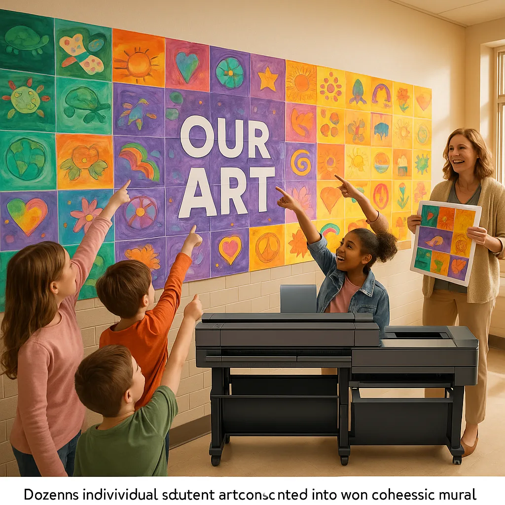 A vibrant, wide-angle photograph a massive collaborative art installation in a school hallway. The image should capture dozens of individual student artworks combined into one cohesive mural, Design an overhead shot of a large table covered colorful art supplies, printed poster sheets, and student artwork in various stages of completion. Show hands of different sizes reaching in to