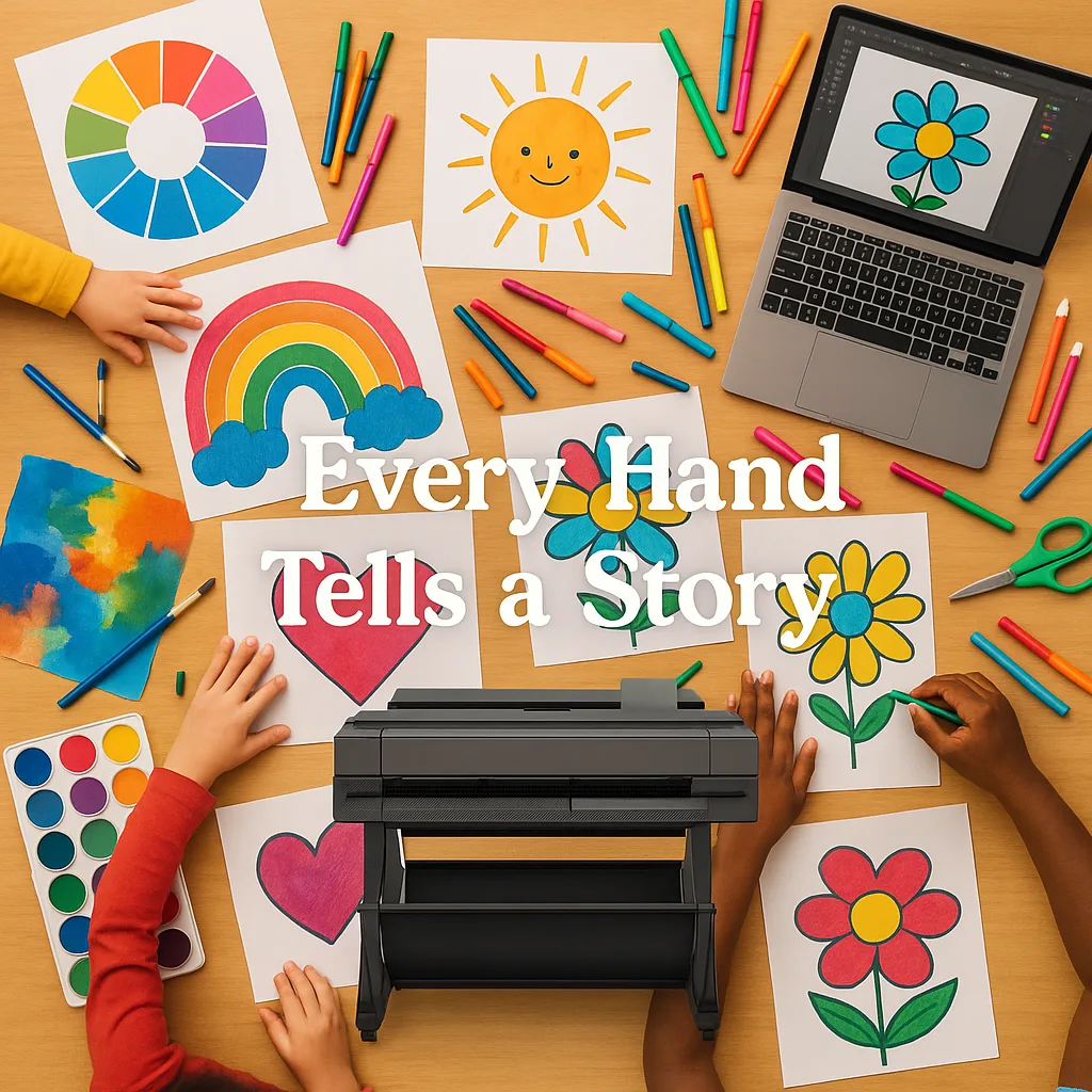 Design an overhead shot of a large table covered colorful art supplies, printed poster sheets, and student artwork in various stages of completion. Show hands of different sizes reaching in to