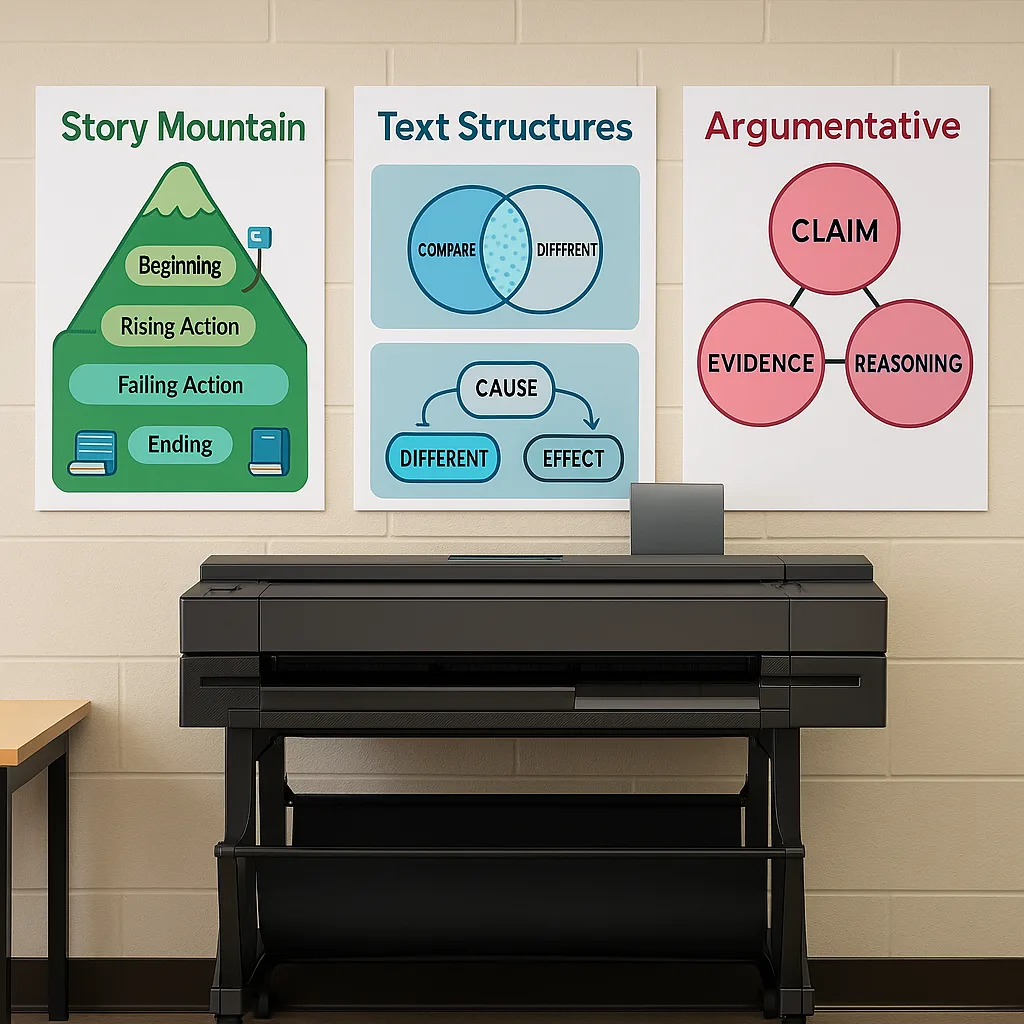 A close-up view of three beautifully designed anchor charts displayed side by side on a classroom wall. Left chart shows a colorful "Story Mountain" for narrative writing illustrated peaks and