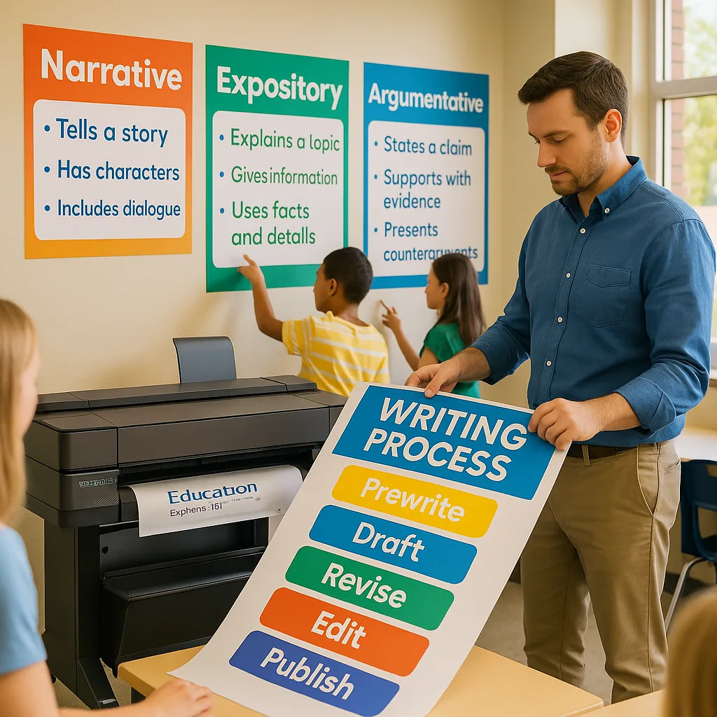 A bright, classroom writing center colorful anchor charts covering the walls. In the foreground, a teacher is using a poster printer (Education Express 36" model) to print a large "Writing