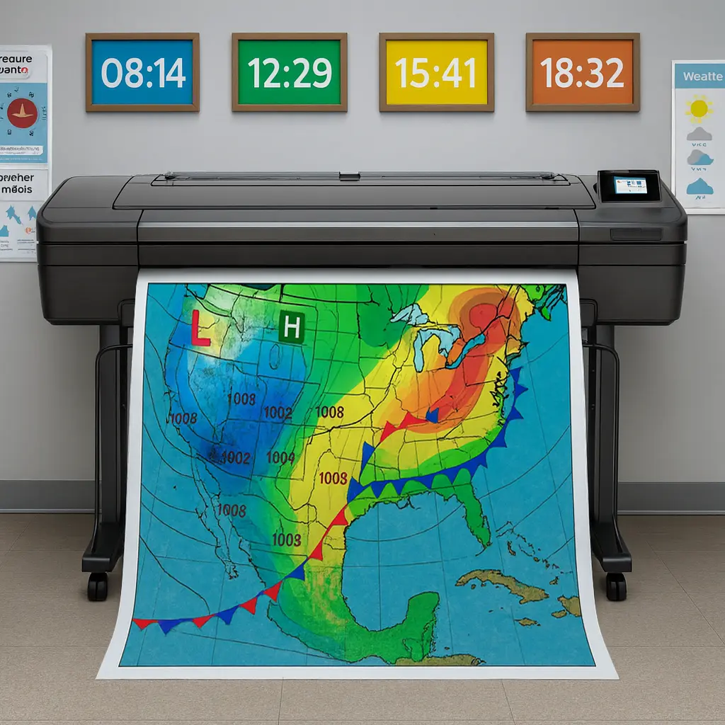 Large-format printer producing a colorful U.S. weather map in a classroom with time displays and educational weather posters