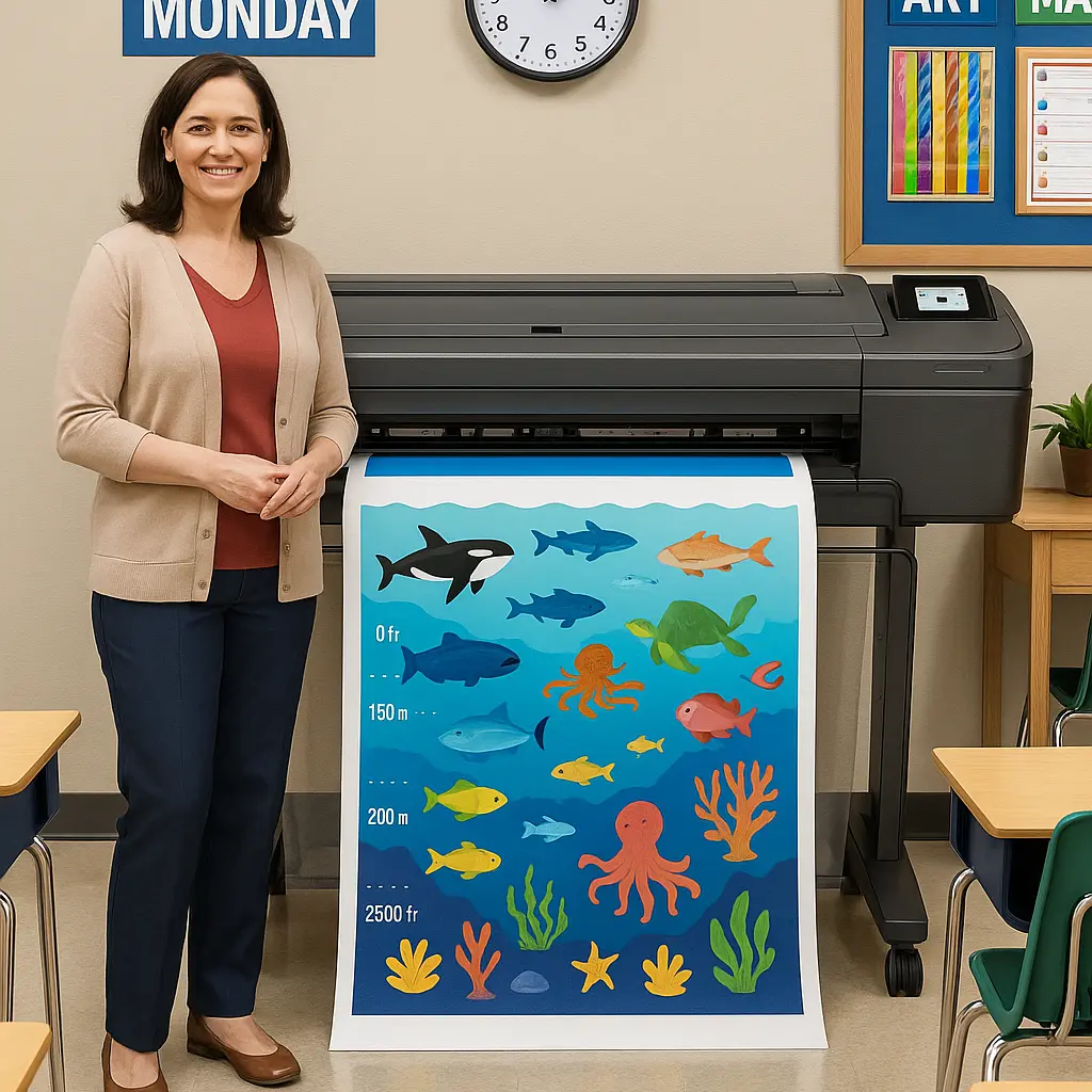 Teacher Using Large-Format Printer in Classroom Teacher standing beside a large-format printer in a classroom, printing a colorful marine ecosystem poster