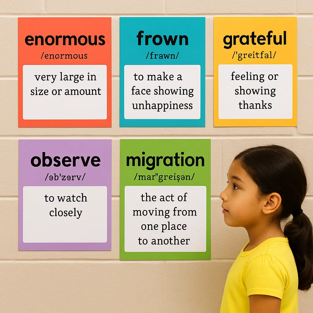 Elementary student looking at colorful vocabulary wall posters featuring words like migration, enormous, and observe, created with a school poster printer