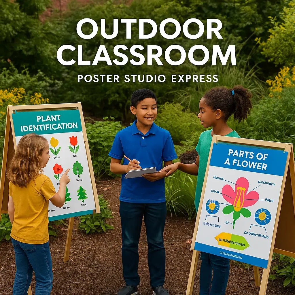 A outdoor classroom scene weatherproof educational posters mounted on A-frame stands in a garden setting. Show diverse students engaged colorful plant identification charts and science diagrams.