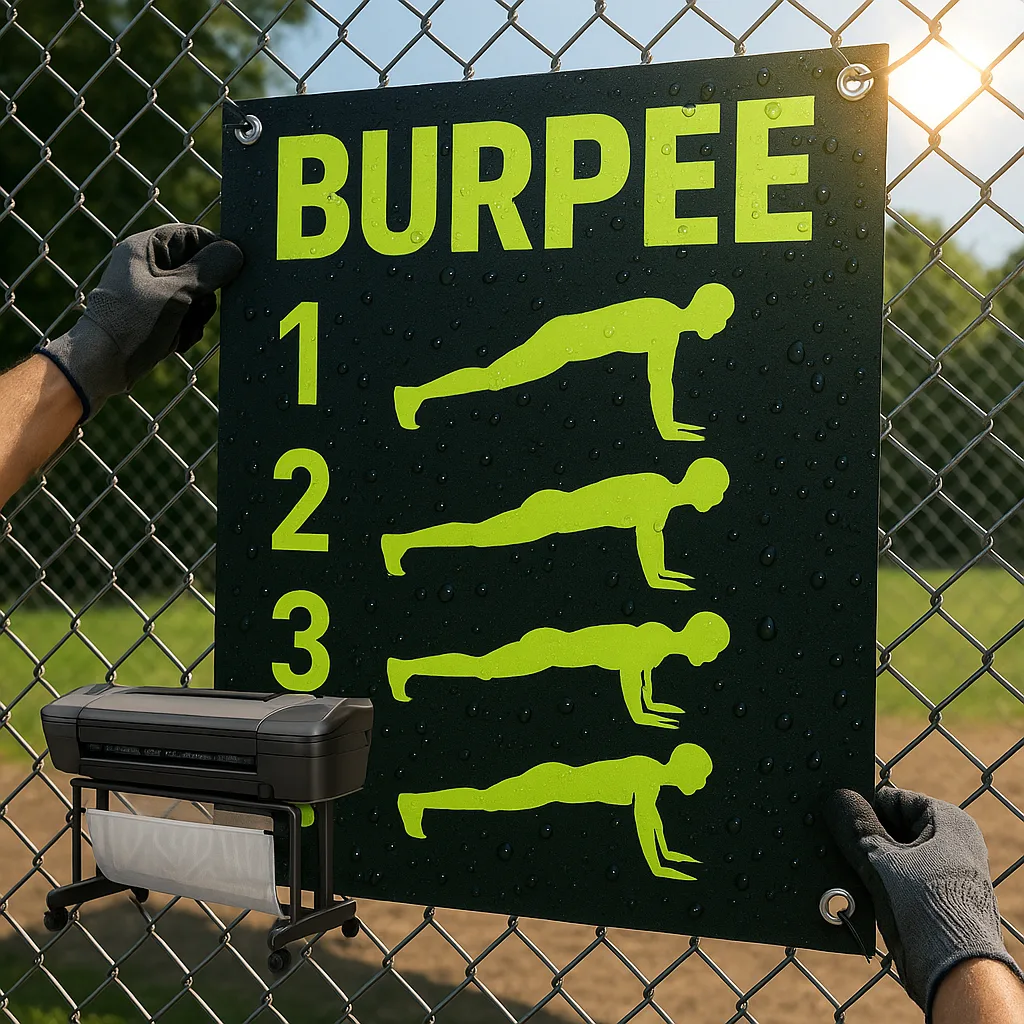 Design a close-up shot of a weather-resistant outdoor fitness poster being installed on a chain-link fence. The poster should display a burpee exercise sequence large, bold numbers (1-4) in neon