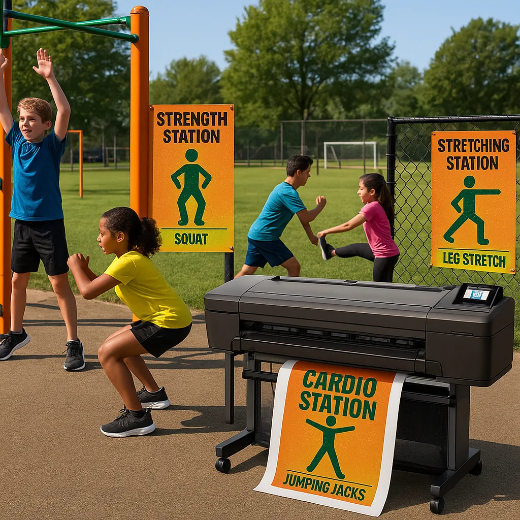 A dynamic, action-packed scene of an outdoor school fitness circuit in daylight. Show weather-resistant fitness station posters mounted on playground equipment and fence posts, bold neon green and