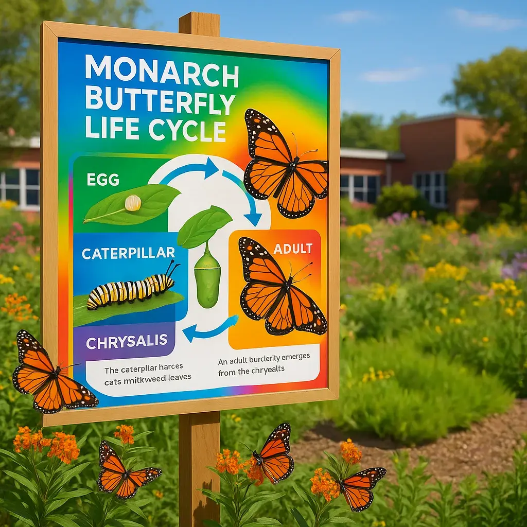 A educational poster display in a school butterfly garden a large weatherproof sign monarch butterfly lifecycle stages (egg, caterpillar, chrysalis, adult) mounted on a wooden post.
