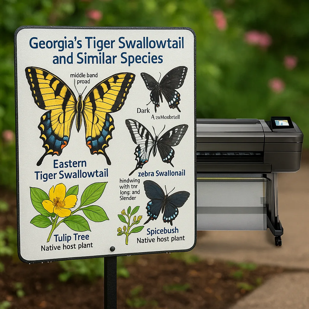 A close-up view of a laminated butterfly identification guide side-by-side comparisons of Georgia's Tiger Swallowtail and similar species. The poster displays wing patterns in yellows and blacks,