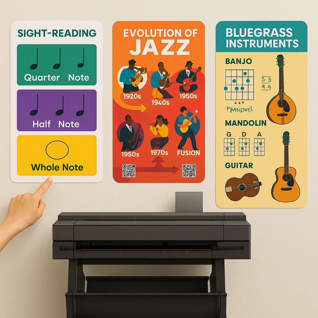A close-up image of three distinct music education posters displayed on a classroom wall. The first poster shows a color-coded sight-reading chart emerald green quarter notes, amethyst purple half