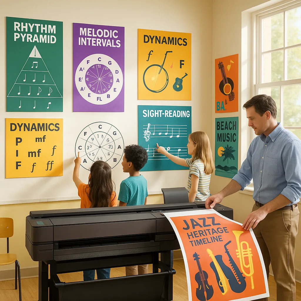 A vibrant, wide-format music classroom scene a band room colorful educational posters on the walls. Include visible music theory charts emerald green rhythm pyramids, amethyst purple melodic