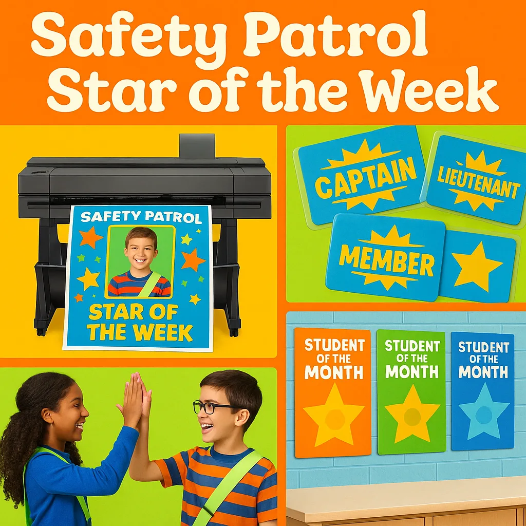Design a dynamic photo collage using Suse font showing: 1) A printer producing a colorful "Safety Patrol Star of the Week" certificate student photo, 2) Close-up of laminated patrol badges