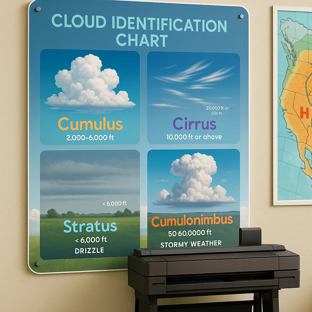 A close-up of a professionally printed cloud identification chart cumulus, stratus, cirrus, and cumulonimbus cloud types. Each cloud type is illustrated vibrant, imagery and labeled Google Font