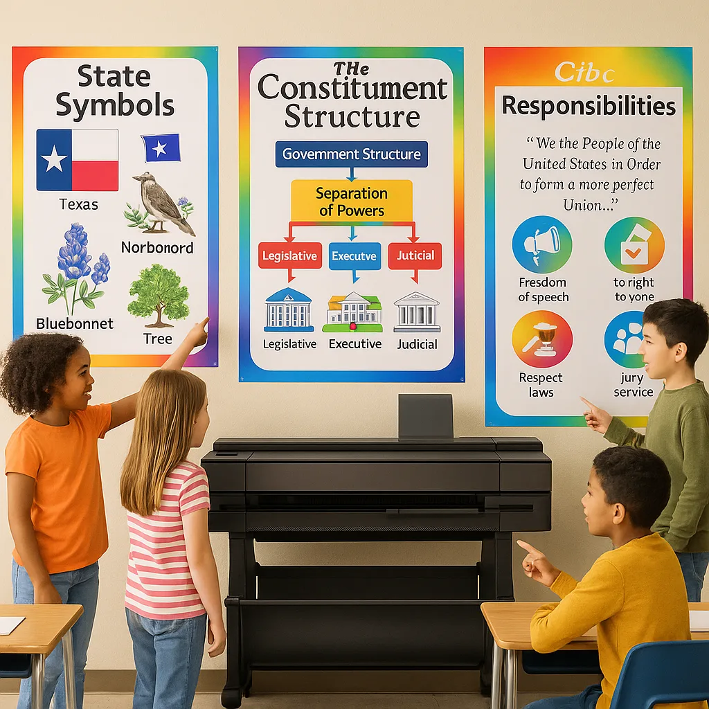 A bright, colorful classroom scene diverse elementary and high school students engaged large constitutional display posters on the walls. The posters feature state symbols, government structure