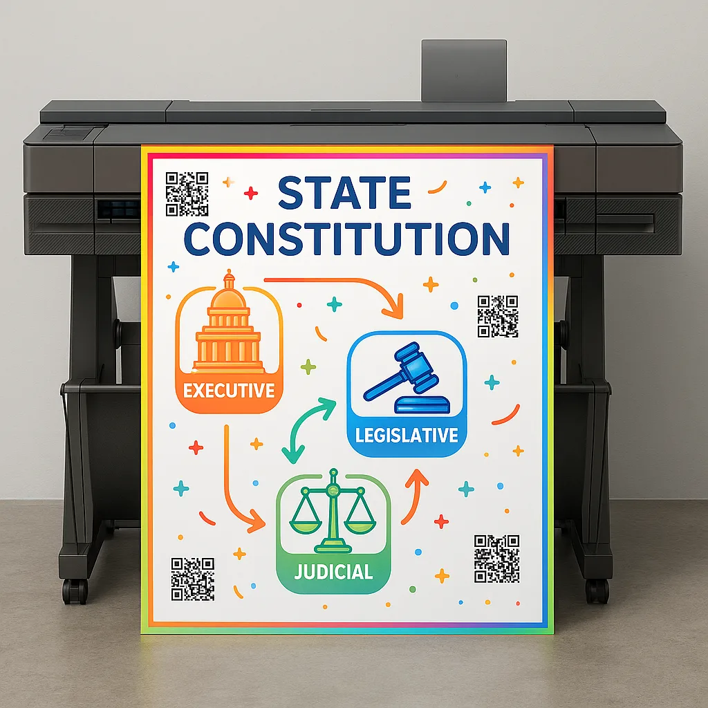 A infographic-style poster design a state constitution's structure three branches of government illustrated in bright, engaging colors. Include icons for executive (capitol building in orange),
