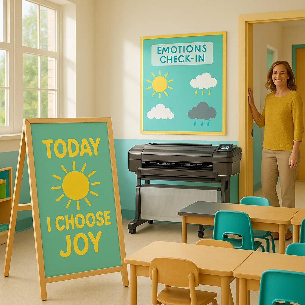 A bright, cheerful elementary classroom morning scene soft natural light streaming through windows. In the foreground, show a daily affirmation poster on an easel displaying "Today I Choose Joy"