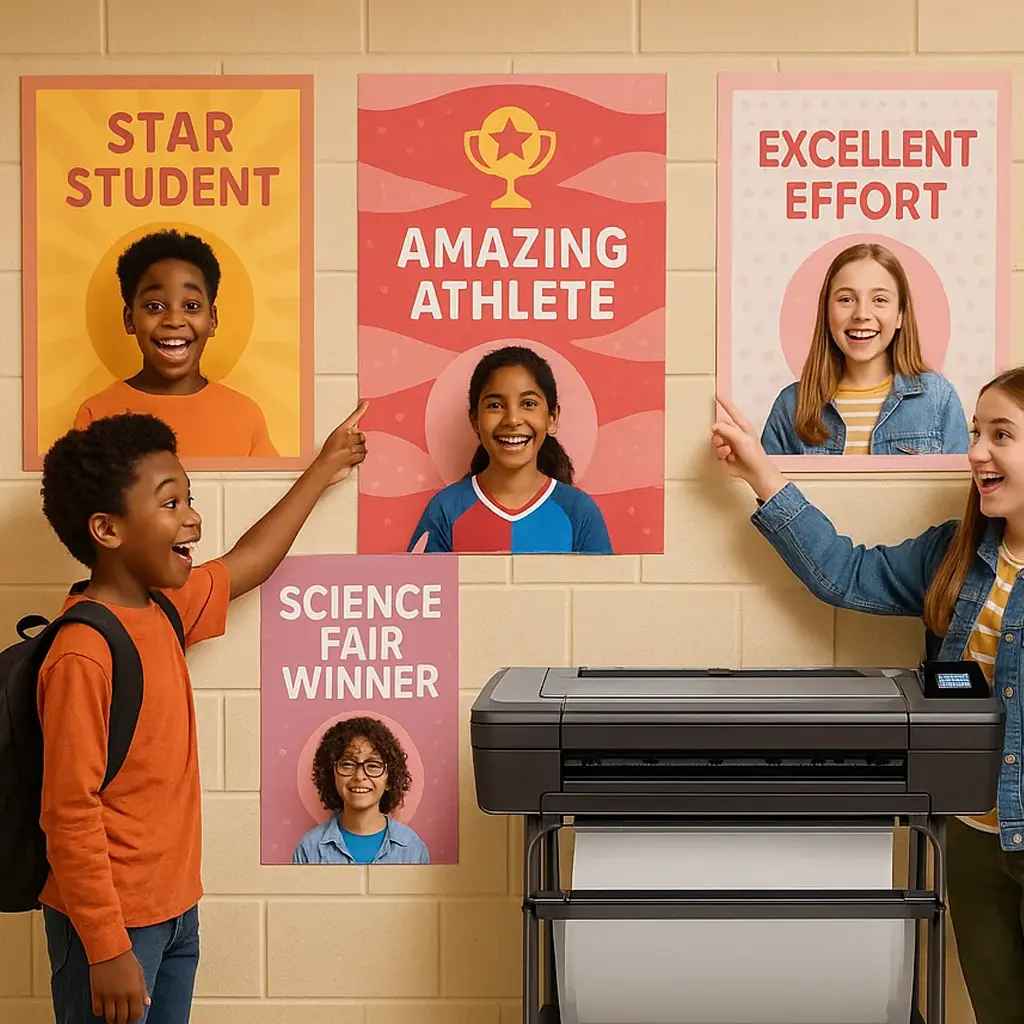 A bright, cheerful school hallway walls displaying colorful student achievement posters in various sizes.