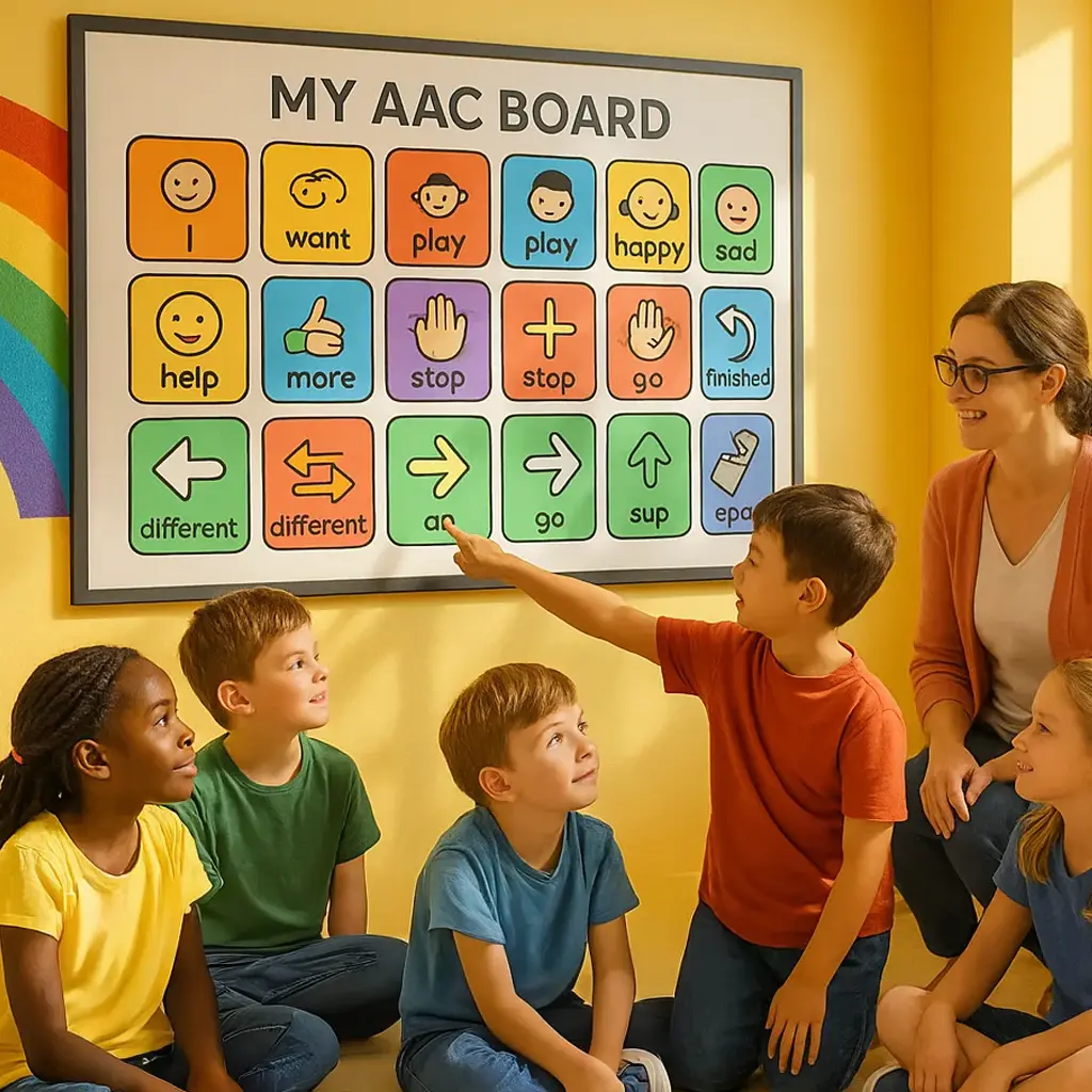A bright, engaging classroom scene a diverse group of elementary students gathered around a large, colorful AAC communication board mounted on the wall.