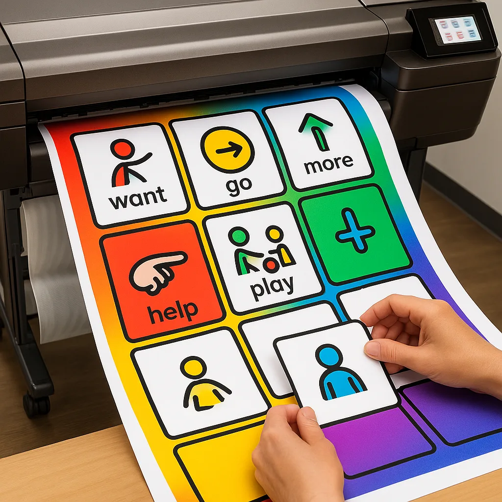 Design a close-up view of hands creating a custom AAC board using a poster printer. Show colored symbols being arranged on a grid layout core vocabulary words like "want," "go," "more," "help,"
